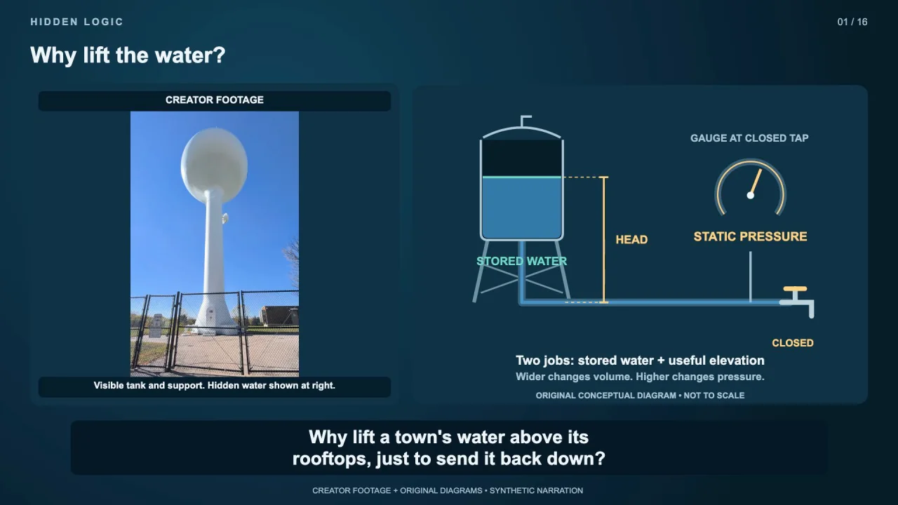 Creator footage of a water tower beside a conceptual diagram of elevated water and pressure