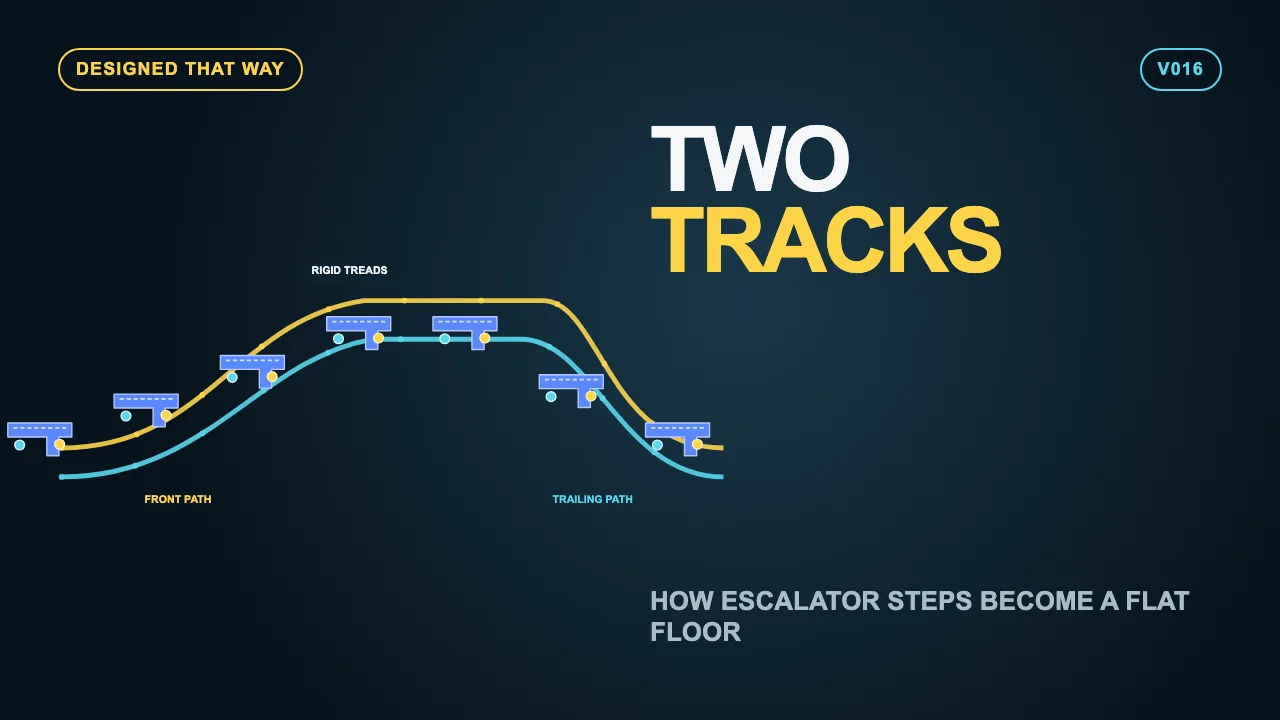 Original Hidden Logic escalator diagram labeled Two Tracks, showing rigid steps guided by separate front and trailing roller paths