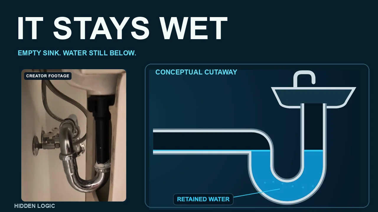 Hidden Logic thumbnail pairing under-sink footage with a conceptual cutaway of retained water