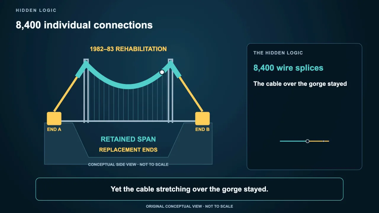 Frame from the released Hidden Logic bridge story showing 8,400 individual connections, a retained spanning cable, and replacement anchorage ends